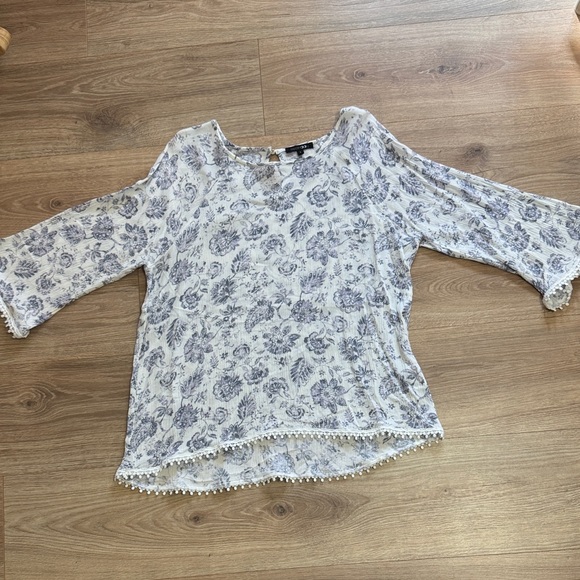 Papermoon Tops - Papermoon Floral Lace Trim Blouse - White and Blue